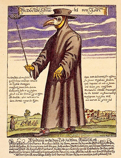 Doktor Schnabell z Rzymu, XVII-wieczna rycina przedstawiająca lekarza w skórzanym uniformie i masce z długim dziobem, mieszczącym zioła i wonne olejki mające chronić przed zakażeniem